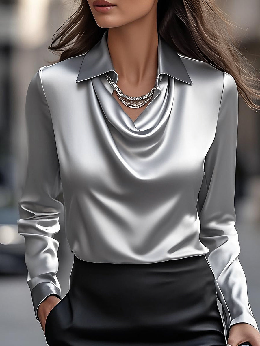 Elegant Satin Blouse | Women's Draped Neck Top 13
