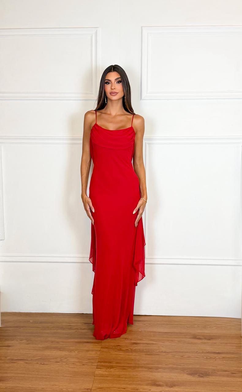 Long Dress Red Size M Crepe Fabric 3