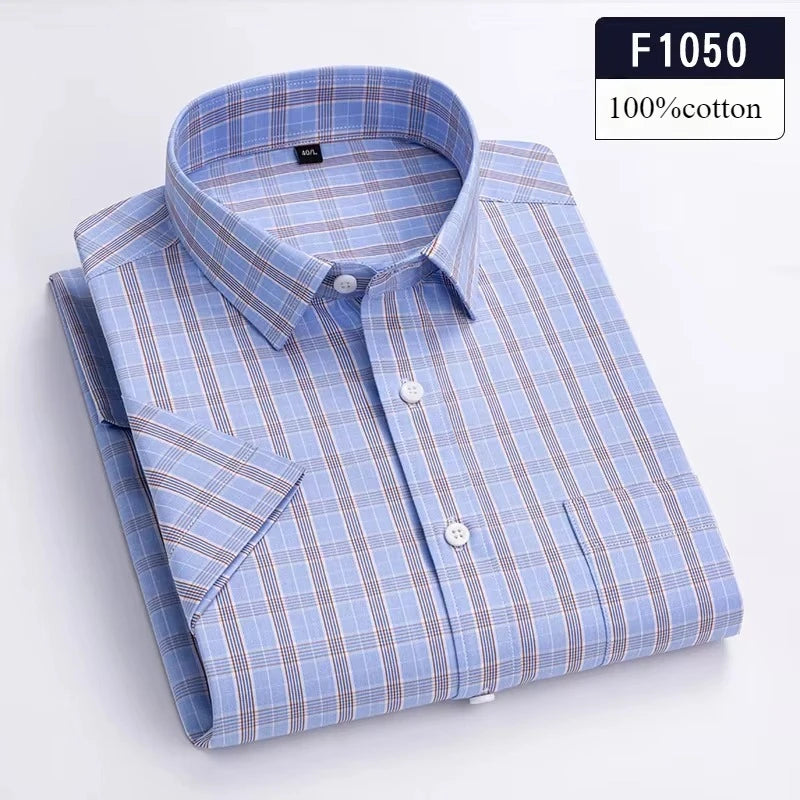 Men's Slim Fit Plaid Shirt | Short Sleeve Blue Size M Cotton 24