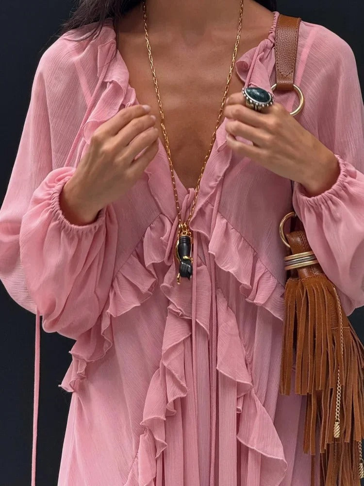 Women's Boho Maxi Dress Pink Size M Lightweight Pleated Fabric 6