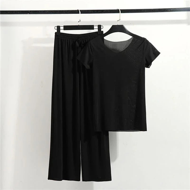 Women's Modal V-Neck T-Shirt and High-Waisted Pants Set | Loungewear Pajama Set 6