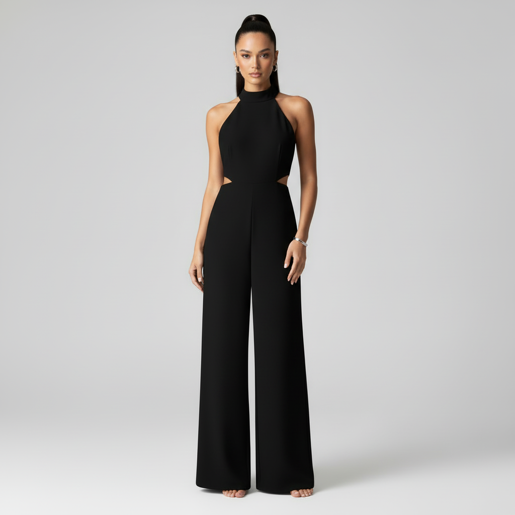 Macacão Preto com Decote Halter e Pernas Largas | Moda Feminina