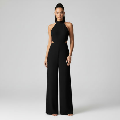 Macacão Preto com Decote Halter e Pernas Largas | Moda Feminina