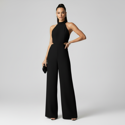 Macacão Preto com Decote Halter e Pernas Largas | Moda Feminina