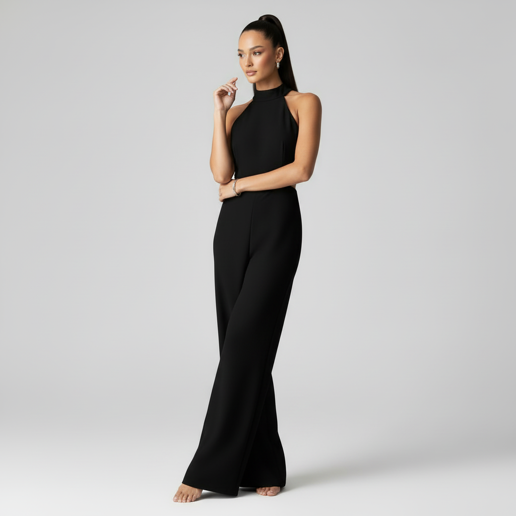 Macacão Preto com Decote Halter e Pernas Largas | Moda Feminina