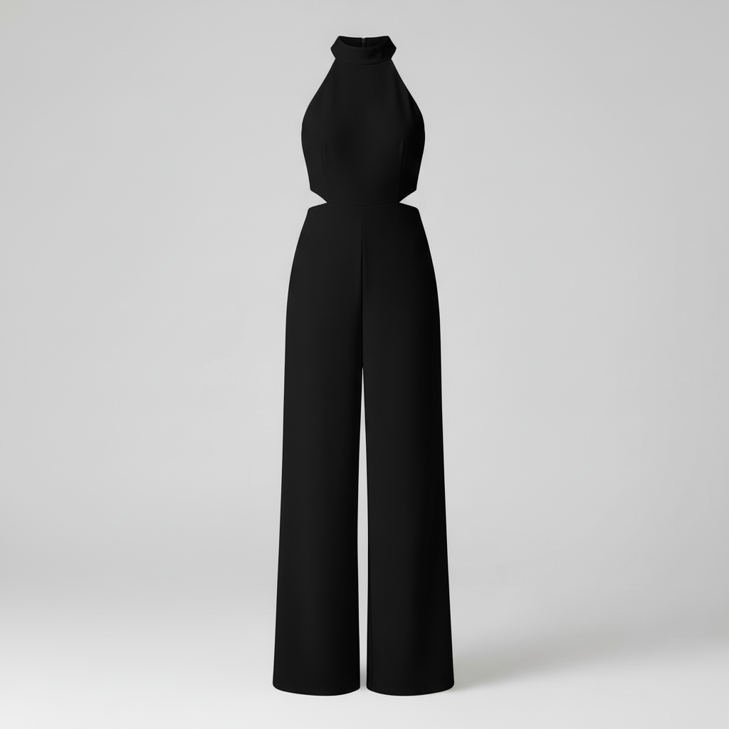 Macacão Preto com Decote Halter e Pernas Largas | Moda Feminina