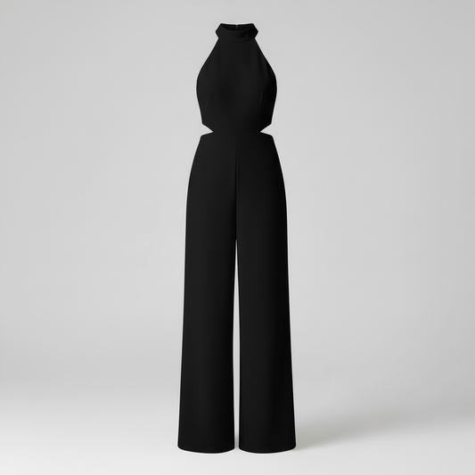 Macacão Preto com Decote Halter e Pernas Largas | Moda Feminina