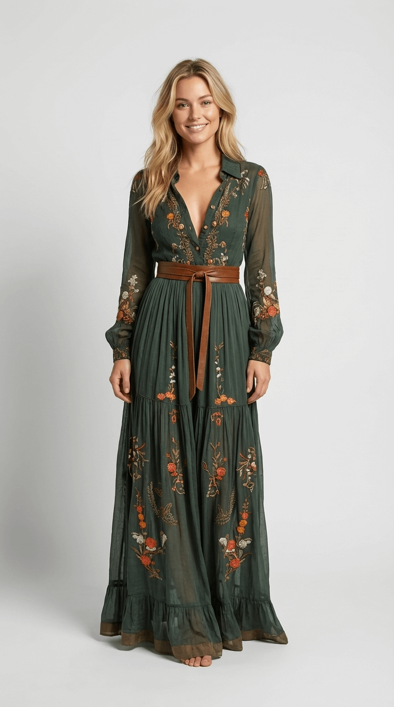 Boho Elegance | Women's Maxi Dress with Long Sleeves 0