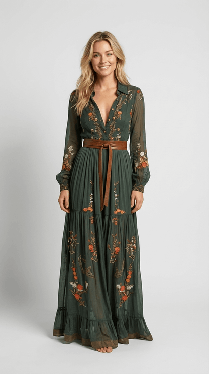 Boho Elegance | Women's Maxi Dress with Long Sleeves 0