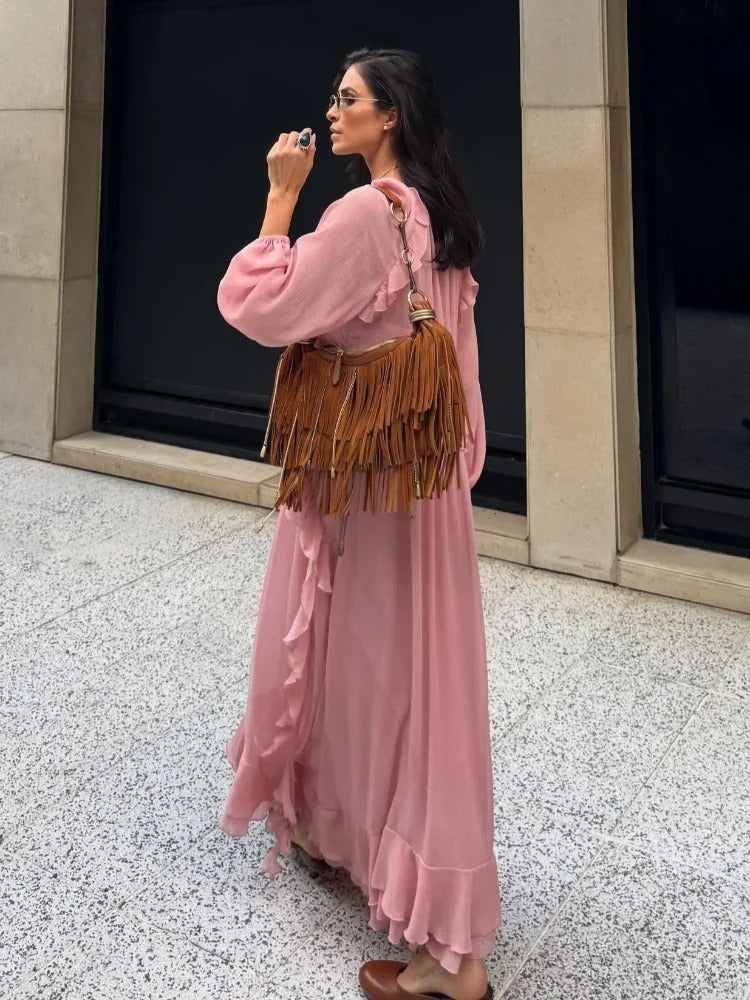 Boho Long Dress Women's Size M Lightweight Pleated Fabric 5