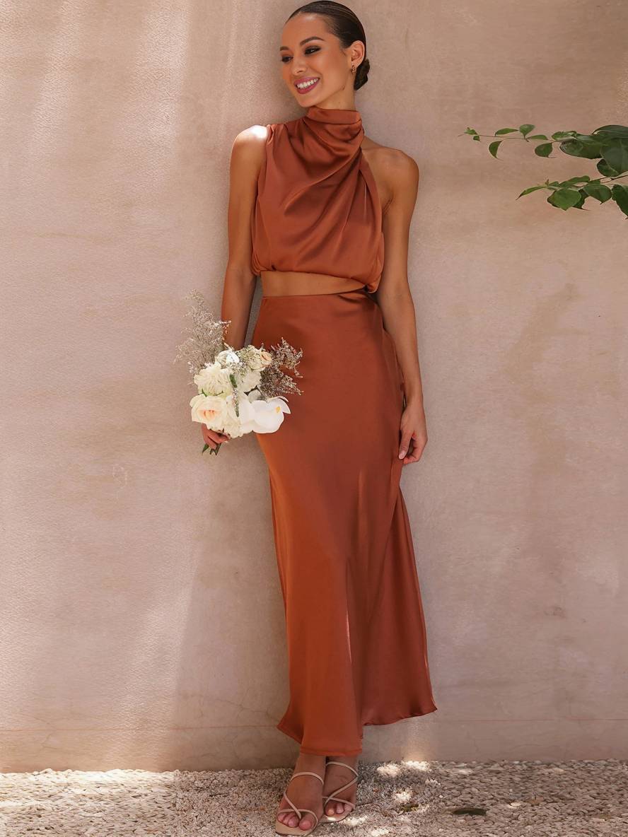 Celestina | Women's Satin Maxi Skirt and Halter Top Set 0