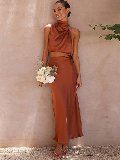 Celestina | Women's Satin Maxi Skirt and Halter Top Set 0