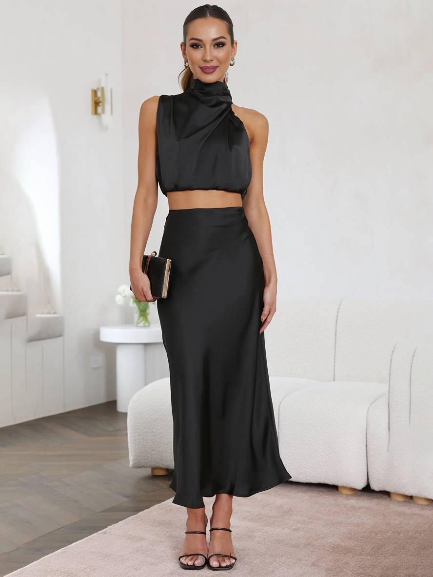 Celestina | Women's Satin Maxi Skirt and Halter Top Set 3