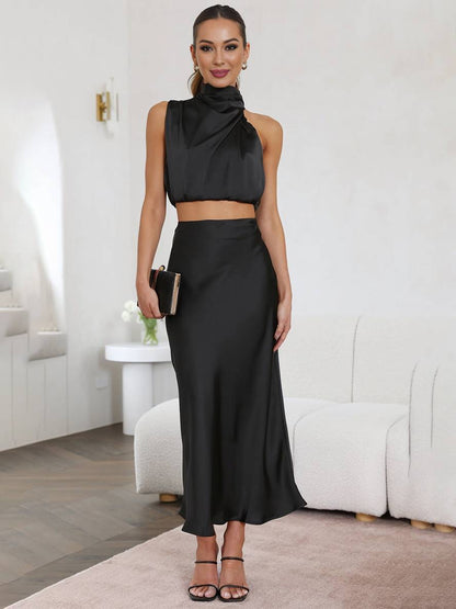 Celestina | Women's Satin Maxi Skirt and Halter Top Set 3