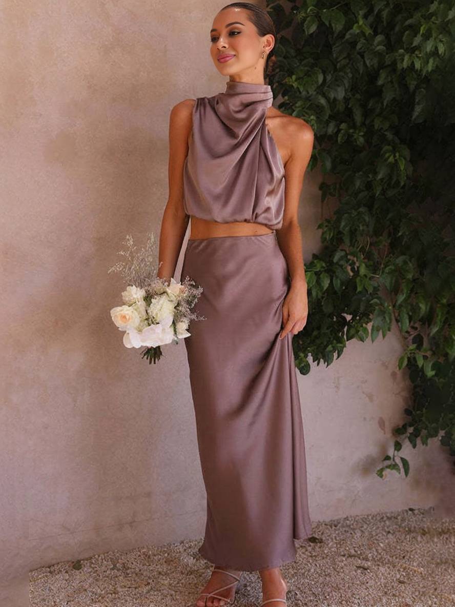 Celestina | Women's Satin Maxi Skirt and Halter Top Set 6