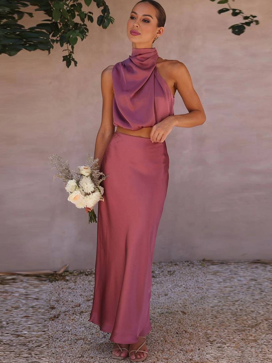 Celestina | Women's Satin Maxi Skirt and Halter Top Set 7