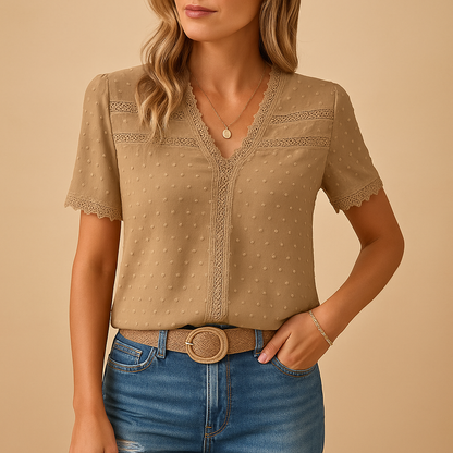 Eirene | Women's V-Neck Lace Trim Blouse for Summer 0