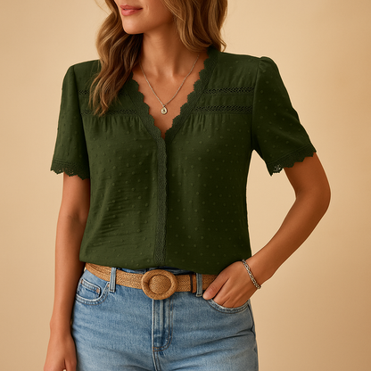 Eirene | Women's V-Neck Lace Trim Blouse for Summer 1