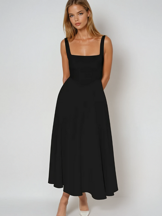 Elegant Midi Dress with Square Neckline | Sleeveless Fitted Bodice 0