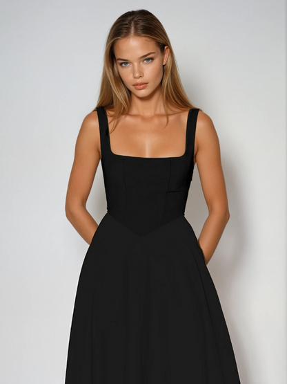 Elegant Midi Dress with Square Neckline | Sleeveless Fitted Bodice 1