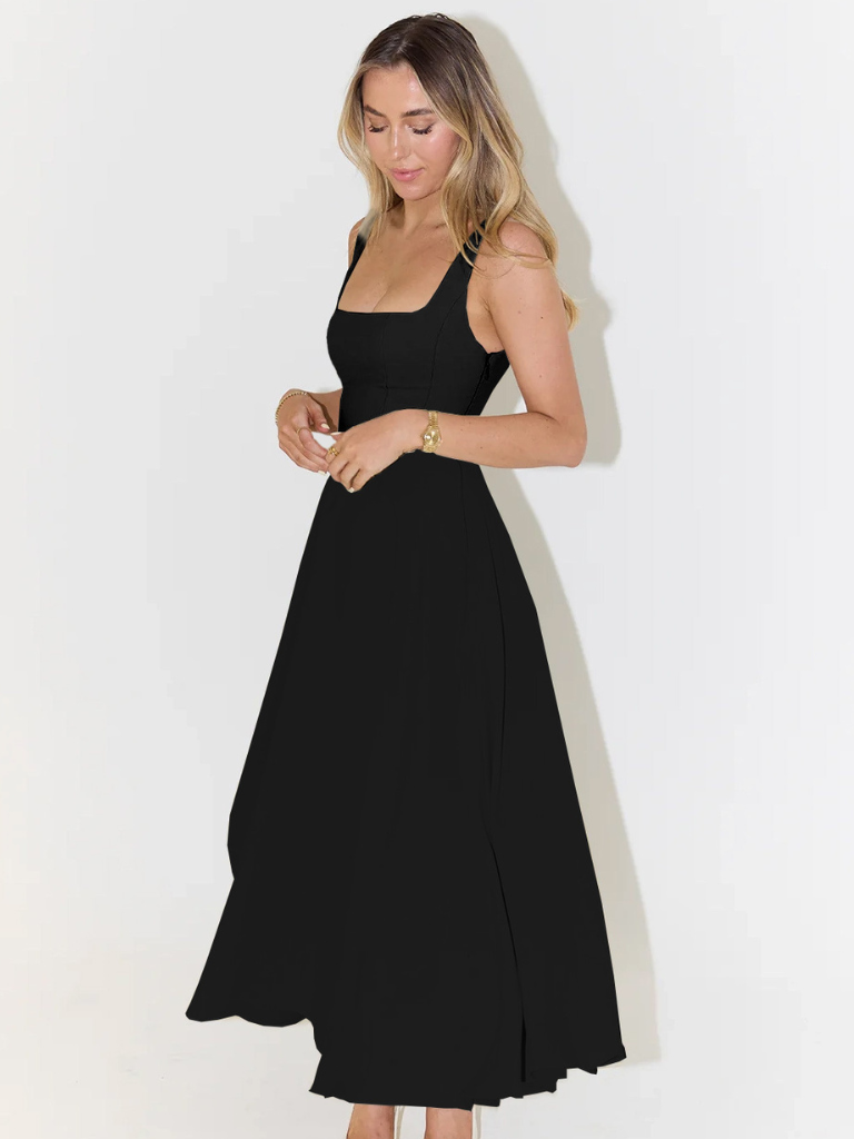 Elegant Midi Dress with Square Neckline | Sleeveless Fitted Bodice 2