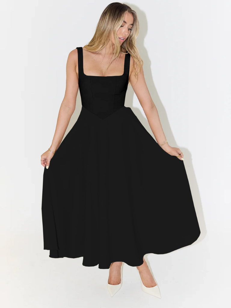 Elegant Midi Dress with Square Neckline | Sleeveless Fitted Bodice 3