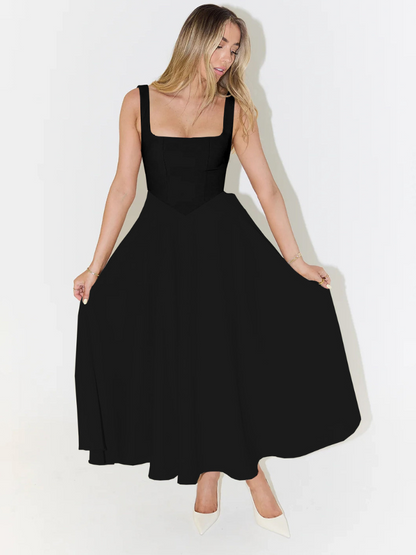 Elegant Midi Dress with Square Neckline | Sleeveless Fitted Bodice 3