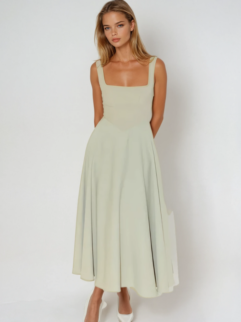 Elegant Midi Dress with Square Neckline | Sleeveless Fitted Bodice 7