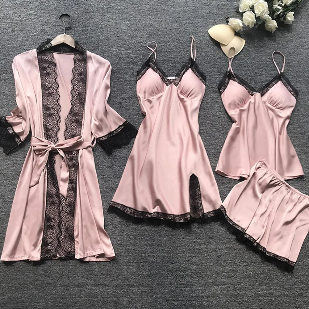 Elegant Satin Sleepwear Set | 4-Piece Pajama Set for Women 0
