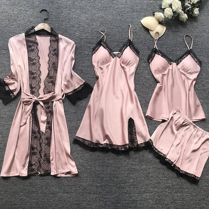 Elegant Satin Sleepwear Set | 4-Piece Pajama Set for Women 0