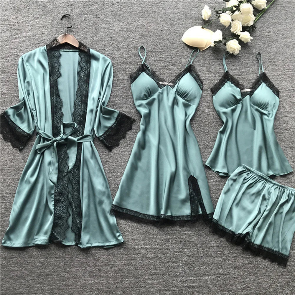 Elegant Satin Sleepwear Set | 4-Piece Pajama Set for Women 2