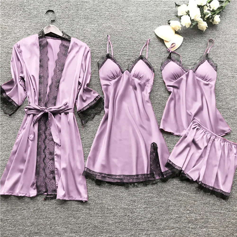 Elegant Satin Sleepwear Set | 4-Piece Pajama Set for Women 3