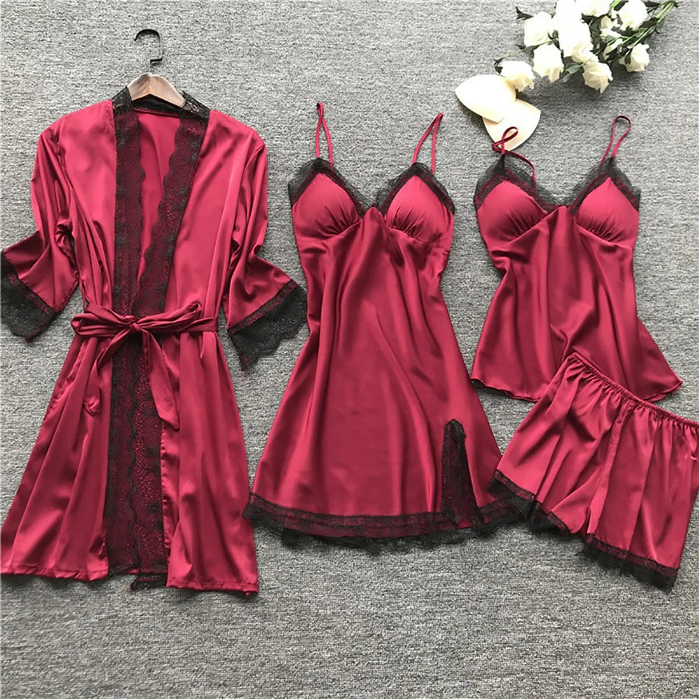Elegant Satin Sleepwear Set | 4-Piece Pajama Set for Women 4