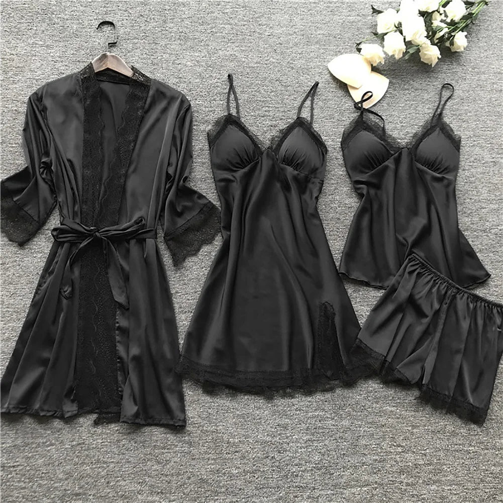 Elegant Satin Sleepwear Set | 4-Piece Pajama Set for Women 5