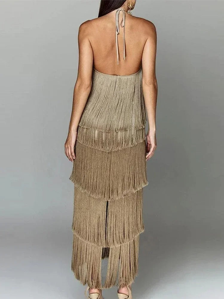 Feminine Halter Dress with Layered Fringes | Cocktail Dress Medium Polyester 3