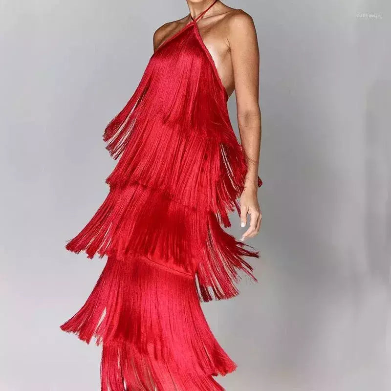 Feminine Halter Dress with Layered Fringes | Cocktail Dress Medium Polyester 7