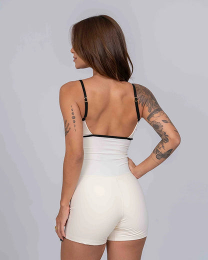 Fitness Compression Romper Off White Black Size S Cotton Blend 1