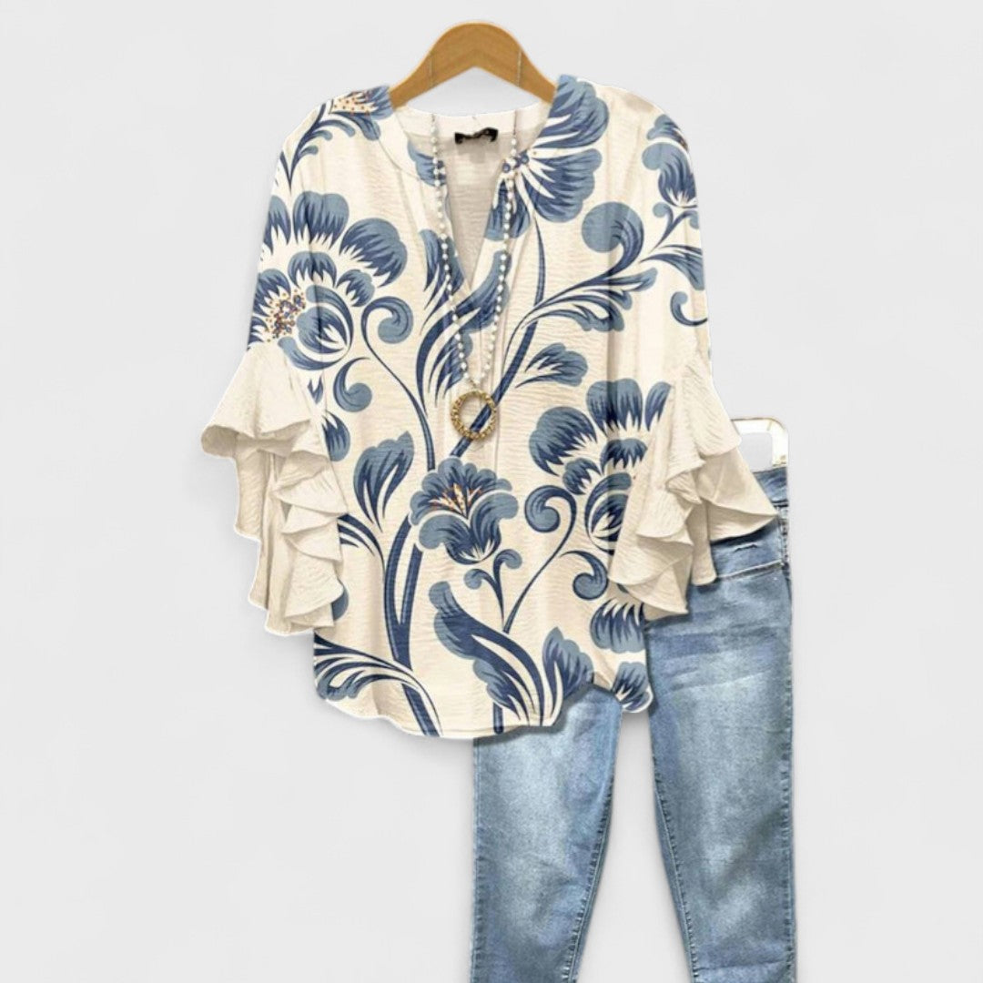 Floral V-Neck Blouse with Flounced Sleeves | Women's Top 0