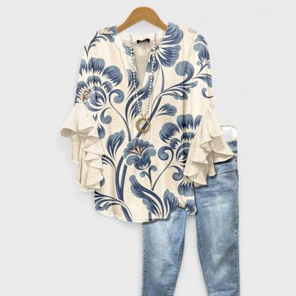 Floral V-Neck Blouse with Flounced Sleeves | Women's Top 0