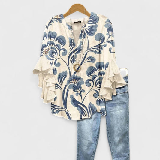 Floral V-Neck Blouse with Flounced Sleeves | Women's Top 0
