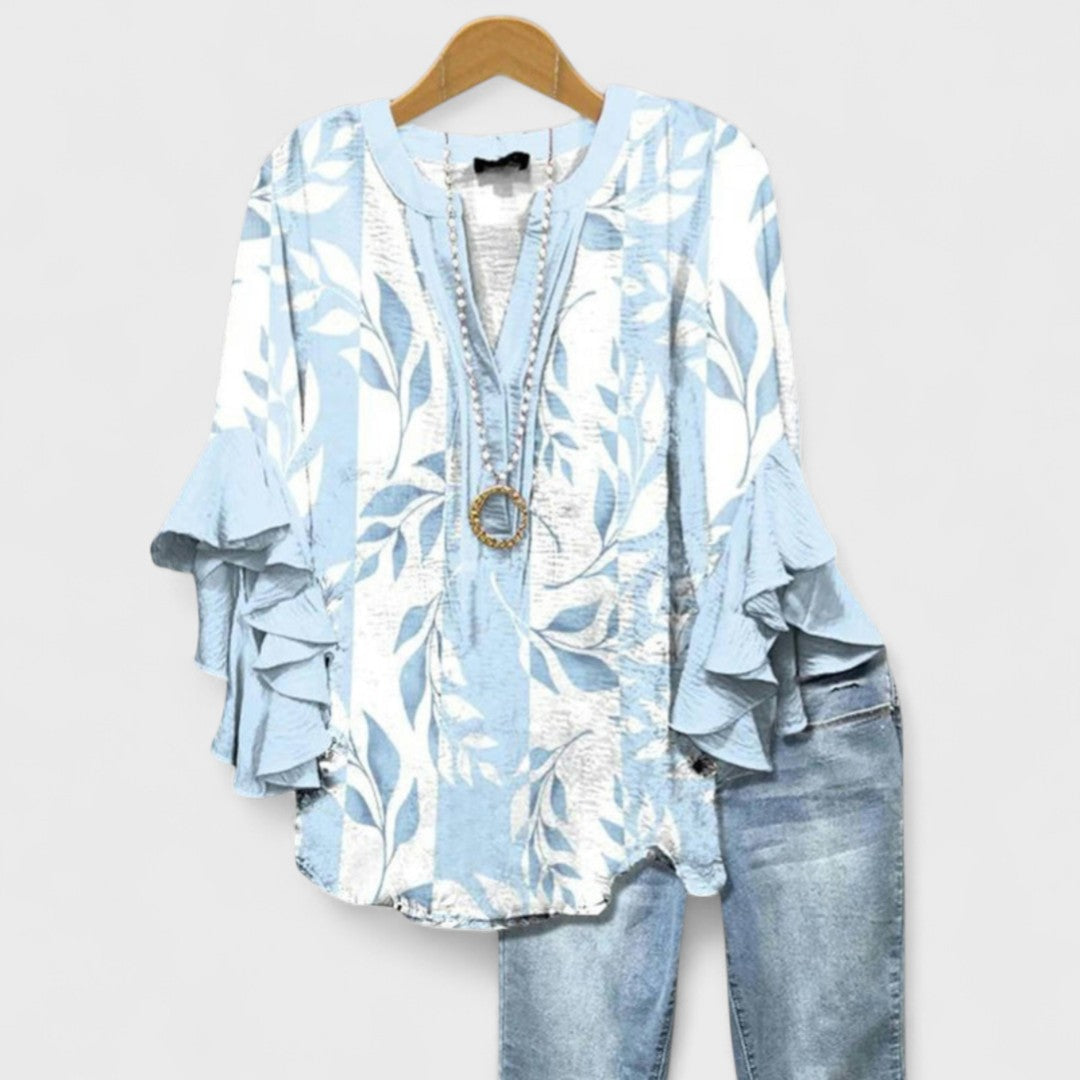 Floral V-Neck Blouse with Flounced Sleeves | Women's Top 1