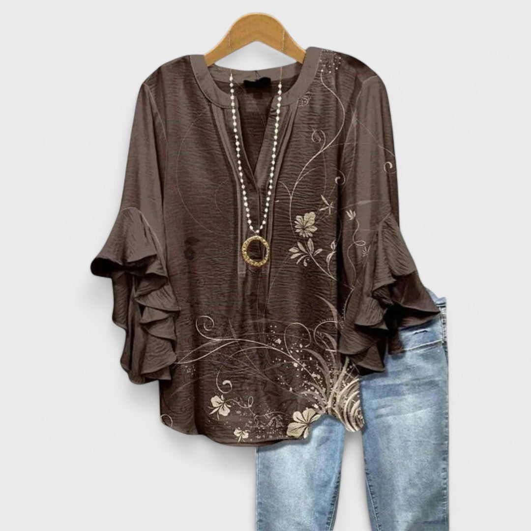 Floral V-Neck Blouse with Flounced Sleeves | Women's Top 3