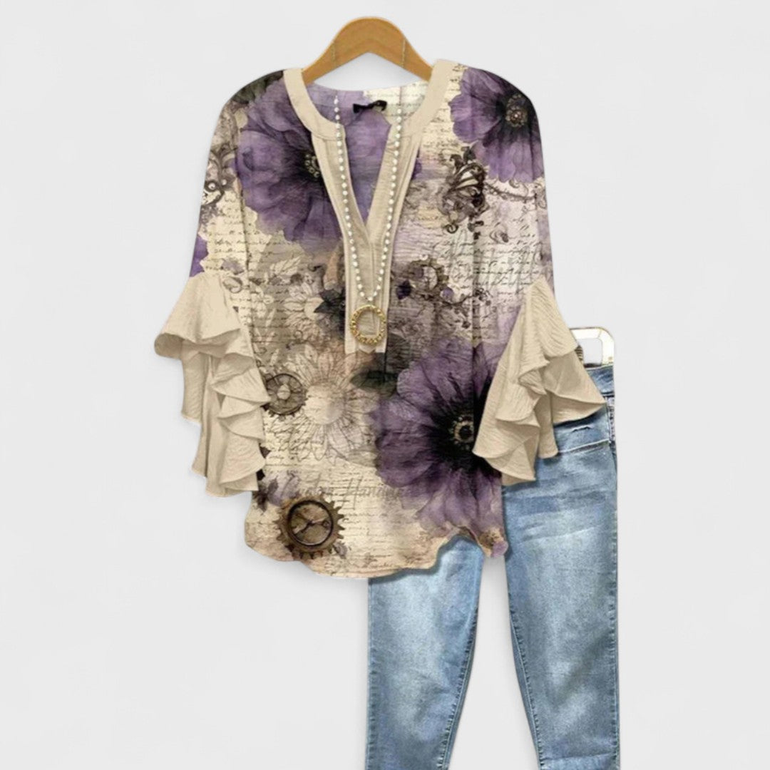 Floral V-Neck Blouse with Flounced Sleeves | Women's Top 5