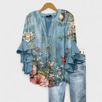 Floral V-Neck Blouse with Flounced Sleeves | Women's Top 6