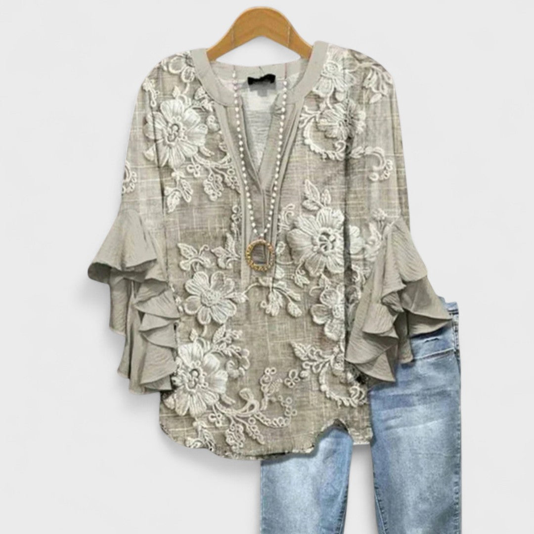 Floral V-Neck Blouse with Flounced Sleeves | Women's Top 7