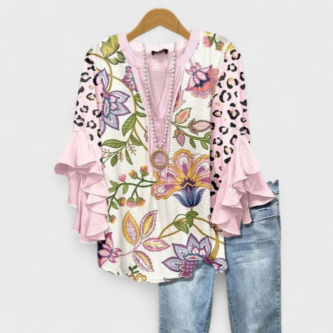 Floral V-Neck Blouse with Flounced Sleeves | Women's Top 8