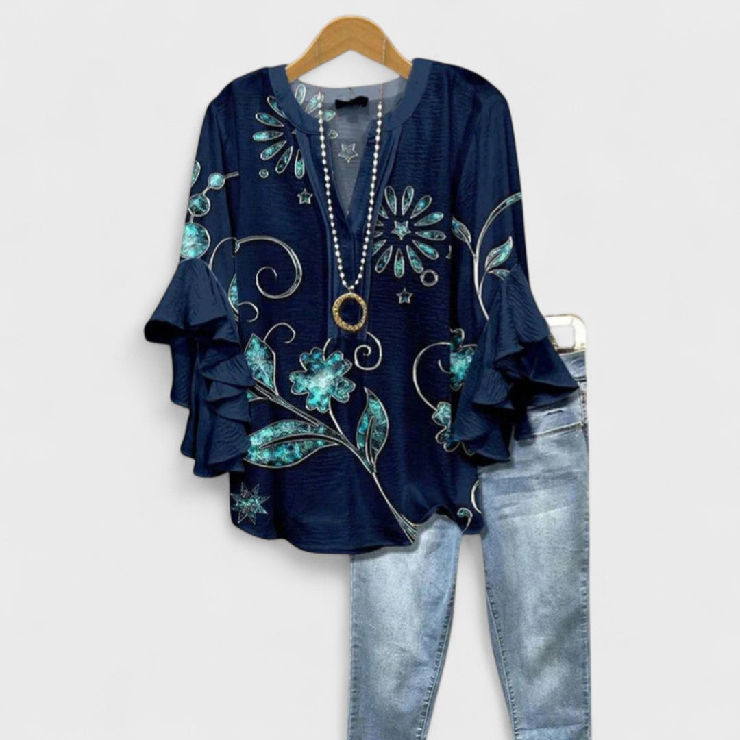 Floral V-Neck Blouse with Flounced Sleeves | Women's Top 9