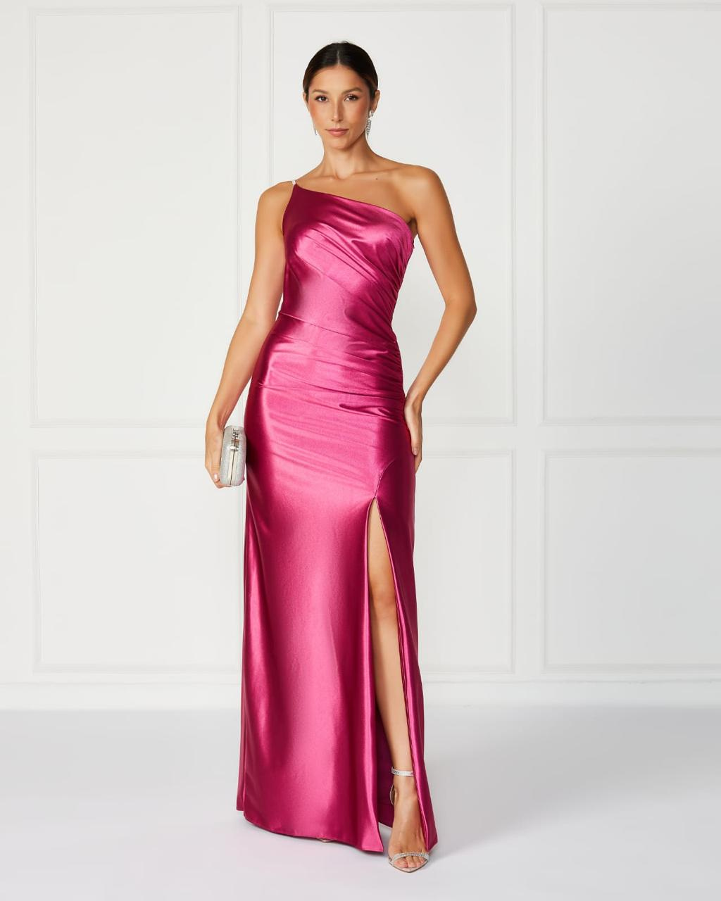 Fuchsia One-Shoulder Dress with Rhinestone Straps | Long Gown 0