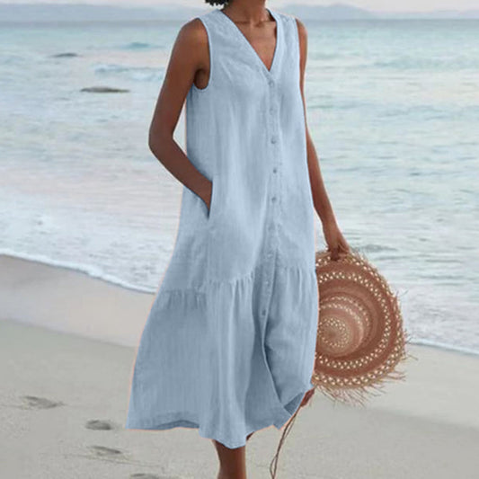 Linen Sleeveless Midi Dress | Women's Summer Dresses 0