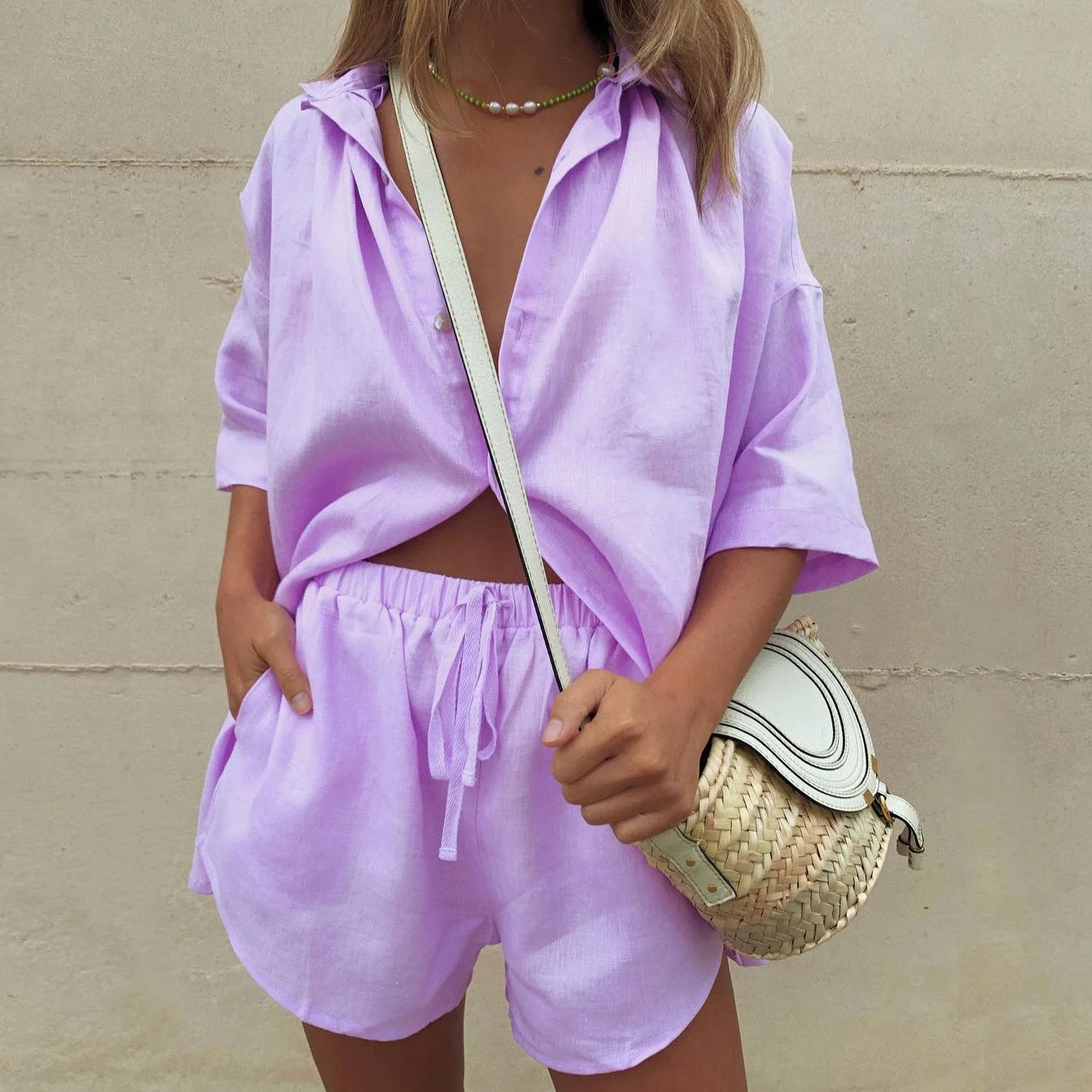 Linen Summer Set | Women's Loungewear Shirt and Shorts 4